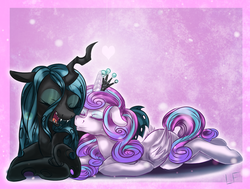 Size: 1854x1400 | Tagged: safe, artist:redheadfly, princess flurry heart, queen chrysalis, alicorn, changeling, changeling queen, pony, g4, crack shipping, eyes closed, female, flurryalis, lesbian, mare, nuzzling, older, open mouth, prone, shipping