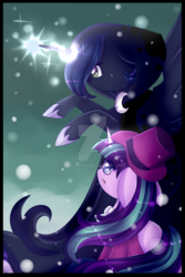 Size: 1024x1536 | Tagged: safe, artist:twily-star, princess luna, snowfall frost, spirit of hearth's warming yet to come, starlight glimmer, pony, a hearth's warming tail, g4, luna's future, magic, watermark