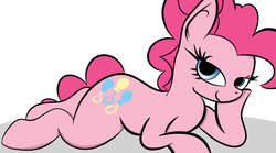 Size: 900x500 | Tagged: safe, artist:trimara, pinkie pie, earth pony, pony, g4, bedroom eyes, female, lidded eyes, looking at you, mare, prone, simple background, solo, white background