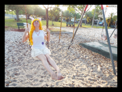 Size: 2304x1728 | Tagged: safe, artist:krazykari, surprise, human, clothes, cosplay, costume, dress, feet, irl, irl human, photo, solo, swing