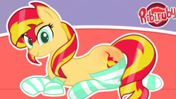 Size: 1280x720 | Tagged: safe, artist:ribiruby, sunset shimmer, pony, unicorn, g4, abstract background, butt blush, clothes, female, mare, missing horn, socks, solo, striped socks