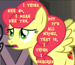 Size: 1238x1080 | Tagged: safe, edit, edited screencap, screencap, strawberry sunrise, pegasus, pony, g4, honest apple, cropped, female, lyrics, lyrics joke, mare, song reference, stealth pun, strawberry fields forever, text, the beatles