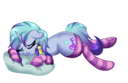 Size: 2300x1500 | Tagged: safe, artist:blues4th, oc, oc only, oc:dancing swirl, pony, unicorn, clothes, colored, cuddling, cute, cutie mark, lying down, mr. poopybutthole, pillow, rick and morty, simple background, sleeping, socks, solo, striped socks, transparent background