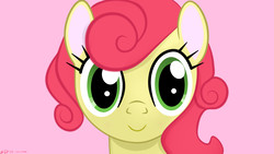 Size: 3840x2160 | Tagged: safe, artist:startledflowerpony, strawberry sunrise, pony, g4, honest apple, female, high res, looking at you, simple background, smiling, solo