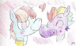 Size: 803x485 | Tagged: safe, artist:ptitemouette, bow hothoof, windy whistles, pony, g4, heart, rainbow dash's parents, ship:windyhoof, shipping, traditional art