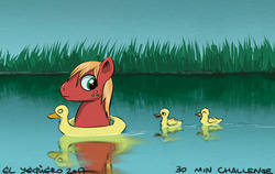 Size: 1153x730 | Tagged: safe, artist:el-yeguero, big macintosh, earth pony, pony, g4, 30 minute art challenge, cute, duckling, funny, male, stallion, swimming, water