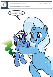 Size: 415x600 | Tagged: safe, artist:dekomaru, trixie, oc, oc:nebula, pony, unicorn, tumblr:ask twixie, g4, ask, baby, baby pony, colt, diaper change, female, magical lesbian spawn, male, mare, mother and son, offspring, parent:trixie, parent:twilight sparkle, parents:twixie, smelly, tumblr