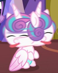 Size: 421x531 | Tagged: safe, screencap, princess flurry heart, alicorn, pony, a flurry of emotions, g4, behaving like a dog, cropped, cute, daaaaaaaaaaaw, eyes closed, female, flurrybetes, funny, great moments in animation, hnnng, silly, silly pony, sitting, smear frame, solo, tongue out