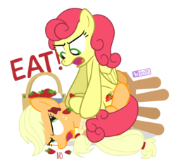 Size: 840x780 | Tagged: safe, artist:dm29, applejack, strawberry sunrise, earth pony, pegasus, pony, g4, honest apple, basket, duo, duo female, female, fight, food, food fight, force feeding, mare, simple background, stool, strawberry, strawberry savage, that pony sure does hate strawberries, tied up, transparent background