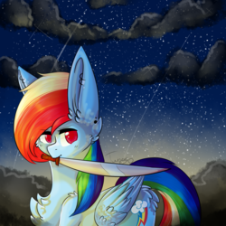 Size: 1000x1000 | Tagged: dead source, safe, artist:twinkepaint, rainbow dash, pony, g4, big ears, chest fluff, cloud, female, mouth hold, solo, sunrise, sword, weapon