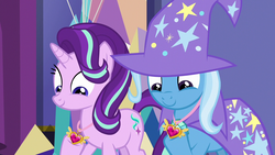 Size: 1280x720 | Tagged: safe, screencap, starlight glimmer, trixie, pony, unicorn, celestial advice, g4, duo, equestrian pink heart of courage, female, mare