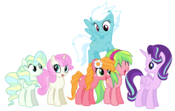 Size: 10000x6339 | Tagged: safe, artist:bubblestormx, idw, fleetfoot, lemon zest, starlight glimmer, sunflower (g4), twinkleshine, vapor trail, alicorn, earth pony, pegasus, pony, unicorn, g4, absurd resolution, alicornified, alternate universe, race swap, show accurate, simple background, starlicorn, transparent background