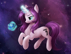 Size: 1200x923 | Tagged: safe, artist:scheadar, oc, oc only, pony, unicorn, commission, earth, female, giant pony, macro, magic, mare, planet, pony bigger than a planet, solo, stars, tangible heavenly object, universe
