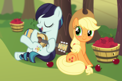 Size: 2217x1478 | Tagged: safe, artist:jhayarr23, applejack, coloratura, pony, g4, acoustic guitar, apple, basket, blushing, cowboy hat, duo, female, food, guitar, hat, lesbian, mare, music notes, musical instrument, ship:rarajack, shipping, singing, sitting, smiling, stetson, sweet apple acres, tree