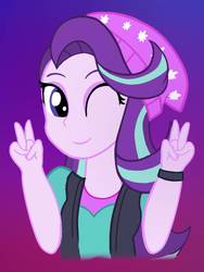 Size: 768x1024 | Tagged: safe, artist:sunshinebluewings, starlight glimmer, equestria girls, equestria girls specials, g4, my little pony equestria girls: mirror magic, beanie, clothes, female, hat, one eye closed, peace sign, solo, vest, wink