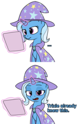 Size: 1694x2680 | Tagged: safe, artist:zippysqrl, derpibooru exclusive, trixie, pony, unicorn, g4, ..., 2 panel comic, cape, clothes, comic, cute, dialogue, diatrixes, female, hat, levitation, lidded eyes, looking at you, magic, mare, open mouth, paper, reaction image, simple background, solo, telekinesis, trixie's cape, trixie's hat, white background