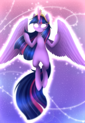 Size: 1443x2081 | Tagged: safe, artist:scarlet-spectrum, twilight sparkle, alicorn, pony, g4, crown, female, glowing eyes, glowing horn, horn, jewelry, large wings, mare, regalia, solo, twilight sparkle (alicorn), wings