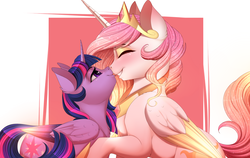 Size: 3000x1890 | Tagged: safe, artist:evehly, princess celestia, twilight sparkle, alicorn, pony, g4, adorable face, blushing, boop, chest fluff, colored wings, colored wingtips, cute, eyes closed, eyeshadow, female, fluffy, glowing, gradient wings, grin, lesbian, licking, lidded eyes, makeup, mare, multicolored wings, noseboop, nuzzling, raised hoof, ship:twilestia, shipping, shoulder fluff, smiling, tongue out, twilight sparkle (alicorn), wing fluff