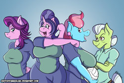 Size: 1024x683 | Tagged: safe, artist:sketchychangeling, cookie crumbles, cup cake, granny smith, spoiled rich, earth pony, anthro, g4, big breasts, breasts, busty cookie crumbles, busty cup cake, busty spoiled rich, equestrian mothers volleyball league, female, huge breasts, team, volleyball