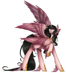 Size: 2542x2801 | Tagged: safe, artist:midfire, oc, oc only, oc:ibath, alicorn, pony, seraph, seraphicorn, alicorn oc, fangs, female, high res, looking at you, mare, multiple wings, raised hoof, simple background, smiling, solo, transparent background