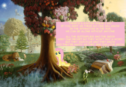 Size: 1000x691 | Tagged: safe, fluttershy, g4, animal, bronybait, garden, garden of eden, lyrics, text