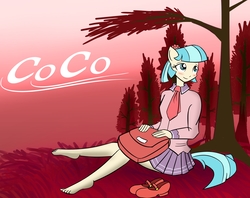 Size: 2972x2356 | Tagged: safe, artist:cvkt500, coco pommel, earth pony, anthro, plantigrade anthro, g4, barefoot, blushing, clothes, cute, feet, female, high res, legs, mary janes, pleated skirt, shirt, shoes, shoes off, shoes removed, sitting, skirt, solo, tree