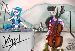 Size: 4521x3097 | Tagged: safe, artist:cvkt500, dj pon-3, octavia melody, vinyl scratch, anthro, g4, belly button, belt, cello, cheerleader, chruch, clothes, duo, female, goggles, headphones, high res, midriff, mountain, musical instrument, power line, town, turntable