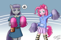 Size: 3264x2135 | Tagged: safe, artist:cvkt500, boulder (g4), maud pie, pinkie pie, earth pony, anthro, g4, cheerleader, clothes, cute, dress, duo, female, high res, hoodie, pleated skirt, pom pom, signature, sisters, skirt, smiling, socks, striped socks, thigh highs
