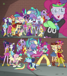 Size: 1366x1536 | Tagged: safe, screencap, applejack, fluttershy, lemon zest, pinkie pie, rainbow dash, rarity, sci-twi, sour sweet, sugarcoat, sunny flare, sunset shimmer, twilight sparkle, human, dance magic, equestria girls, equestria girls specials, g4, armpits, backwards ballcap, baseball cap, breakdancing, brick wall, cap, clothes, converse, crossed arms, crystal prep shadowbolts, cute, dance magic (song), dancing, dress, eyes closed, female, flamenco dress, graffiti, hat, high heels, humane five, humane seven, humane six, lidded eyes, looking at you, mc pinkie, ponied up, rapper dash, rapper pie, sci-twilicorn, shoes, shutter shades, skirt, sneakers, street ballet tutu, sunglasses, sunset shimmer flamenco dress, teletoon, tutu