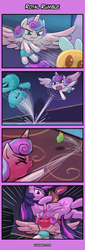 Size: 400x1180 | Tagged: safe, artist:lumineko, princess flurry heart, twilight sparkle, whammy, alicorn, pony, a flurry of emotions, g4, 4koma, angry baby, comic, diaper, duo, female, filly, foal, fury heart, infant, journal, lifting, mare, tantrum, teddy bear, temper tantrum, this will end in pain, throwing, twilight sparkle (alicorn), writing