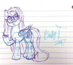 Size: 1704x1517 | Tagged: safe, artist:binkyt11, oc, oc only, oc:nanners, bat pony, pony, banana, female, food, gel pen, lined paper, looking at you, mare, sketch, solo, traditional art