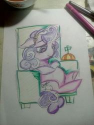 Size: 384x512 | Tagged: safe, screwball, pony, g4, drawing, hat, pregnant, sitting, traditional art