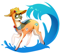 Size: 2448x2138 | Tagged: safe, artist:hoatzzin, oc, oc only, oc:kiva, original species, pony, robot, robot pony, female, happy, hat, high res, sash, simple background, smiling, solo, sun hat, water, wave, white background
