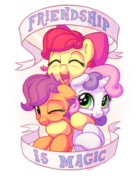 Size: 1100x1400 | Tagged: safe, artist:bobdude0, apple bloom, scootaloo, sweetie belle, earth pony, pegasus, pony, unicorn, adorabloom, apple bloom's bow, bow, cute, cutealoo, cutie mark crusaders, diasweetes, female, filly, floppy ears, foal, free hugs, hair bow, horn, hug, one eye closed, open mouth, open smile, simple background, smiling, white background