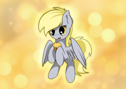 Size: 3508x2480 | Tagged: safe, artist:conniethecasanova, artist:flamevulture17, edit, derpy hooves, pegasus, pony, g4, female, flying, food, high res, mare, muffin, solo, wallpaper, wallpaper edit