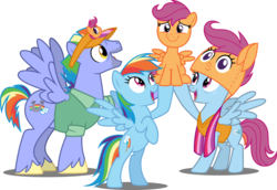 Size: 5000x3439 | Tagged: safe, artist:dashiesparkle, bow hothoof, rainbow dash, scootaloo, windy whistles, pegasus, pony, g4, parental glideance, .svg available, absurd resolution, cheering, clothes, open mouth, open smile, rainbow dash's parents, scootalove, simple background, smiling, transparent background, unshorn fetlocks, vector