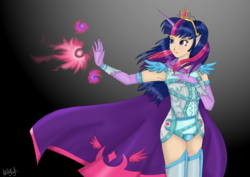 Size: 1600x1135 | Tagged: safe, artist:mdeltar, twilight sparkle, human, g4, armpits, big crown thingy, cape, clothes, elf ears, female, gloves, gradient background, horn, horned humanization, humanized, jewelry, leotard, magic, regalia, socks, solo, thigh highs, windswept hair