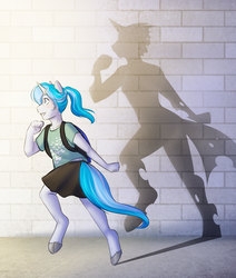 Size: 3469x4084 | Tagged: safe, artist:askbubblelee, oc, oc only, oc:bubble lee, oc:imago, changeling, unicorn, anthro, unguligrade anthro, changeling oc, clothes, disguise, disguised changeling, female, filly, freckles, high res, mare, plot twist, shadow, smiling, solo, story in the source, tearjerker