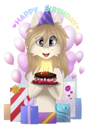 Size: 1109x1582 | Tagged: safe, artist:monogy, oc, oc only, oc:tegan, earth pony, pony, birthday cake, cake, female, food, hat, mare, party hat, present, simple background, solo, transparent background