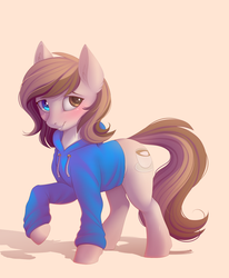 Size: 2000x2431 | Tagged: safe, artist:evehly, oc, oc only, oc:mocha creme, earth pony, pony, clothes, commission, female, heterochromia, high res, hoodie, mare, simple background, smiling, solo, sweater