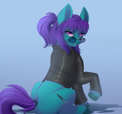 Size: 2500x2341 | Tagged: safe, artist:evehly, oc, oc only, oc:breach, earth pony, pony, clothes, commission, femboy, gradient background, high res, jacket, leather jacket, looking at you, looking back, male, ponytail, raised hoof, simple background, sitting, solo, stallion, underhoof, unshorn fetlocks