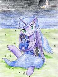 Size: 2364x3168 | Tagged: safe, artist:40kponyguy, derpibooru exclusive, princess luna, oc, oc:darkest lunar flower, alicorn, pony, g4, crescent moon, cuddling, high res, moon, plushie, raised hoof, traditional art, underhoof