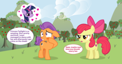 Size: 3304x1748 | Tagged: safe, artist:lunaticdawn, apple bloom, tender taps, twilight sparkle, alicorn, pony, g4, apple bloom is not amused, cute, dialogue, female, implied twilight sparkle, jealous, male, sarcasm, shipping, straight, twilight sparkle (alicorn), twitaps, unamused