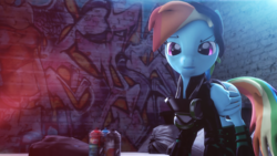 Size: 2560x1440 | Tagged: safe, artist:redaceofspades, rainbow dash, pegasus, pony, g4, 3d, clothes, female, graffiti, mare, solo, source filmmaker, spray can, spray paint