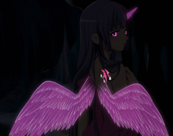 Size: 3178x2500 | Tagged: safe, artist:srtagiuu, twilight sparkle, alicorn, human, g4, clothes, dark, female, high res, horn, horned humanization, humanized, looking back, magic, solo, twilight sparkle (alicorn), winged humanization, wings