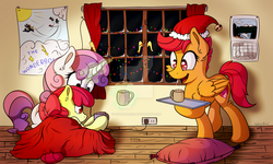 Size: 1280x768 | Tagged: safe, artist:sentireaeris, apple bloom, scootaloo, sweetie belle, earth pony, pegasus, pony, unicorn, g4, blanket, calendar, chocolate, christmas, christmas lights, clubhouse, commission, crusaders clubhouse, cup, curtains, cutie mark crusaders, food, hat, holiday, hot chocolate, magic, mug, open mouth, pillow, poster, santa hat, serving tray, snow, telekinesis, watermark, window, winter, wonderbolts poster