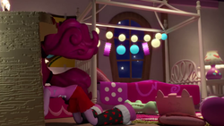 Size: 1280x720 | Tagged: safe, screencap, pinkie pie, equestria girls, g4, doll, equestria girls minis, female, pinkie pie's slumber party, solo, toy, youtube link