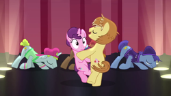 Size: 1280x720 | Tagged: safe, screencap, feather bangs, sugar belle, earth pony, pony, unicorn, g4, hard to say anything, battle for sugar belle, bipedal, dancing, face down ass up, female, male, mare, stallion, youtube link