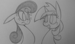 Size: 3264x1920 | Tagged: safe, artist:poorlydrawnpony, bon bon, lyra heartstrings, sweetie drops, earth pony, pony, unicorn, g4, bust, duo, floppy ears, grayscale, looking at each other, monochrome, smiling, traditional art
