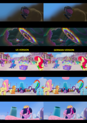 Size: 3200x4500 | Tagged: safe, edit, edited screencap, screencap, apple bumpkin, applejack, cantaloupe (g4), dawn sunrays, fluttershy, rainbow dash, rarity, starlight glimmer, trixie, twilight sparkle, alicorn, earth pony, pegasus, pony, unicorn, g4, my little pony: the movie, apple family member, background pony, cake, canterlot, cape, clothes, comparison, eyes closed, female, fireworks, floppy ears, food, happy, hat, high res, mare, open mouth, party cannon, rearing, smiling, sonic rainboom, trixie's cape, trixie's hat, twilight sparkle (alicorn), unnamed character, unnamed pony